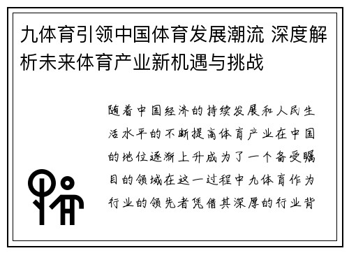 九体育引领中国体育发展潮流 深度解析未来体育产业新机遇与挑战